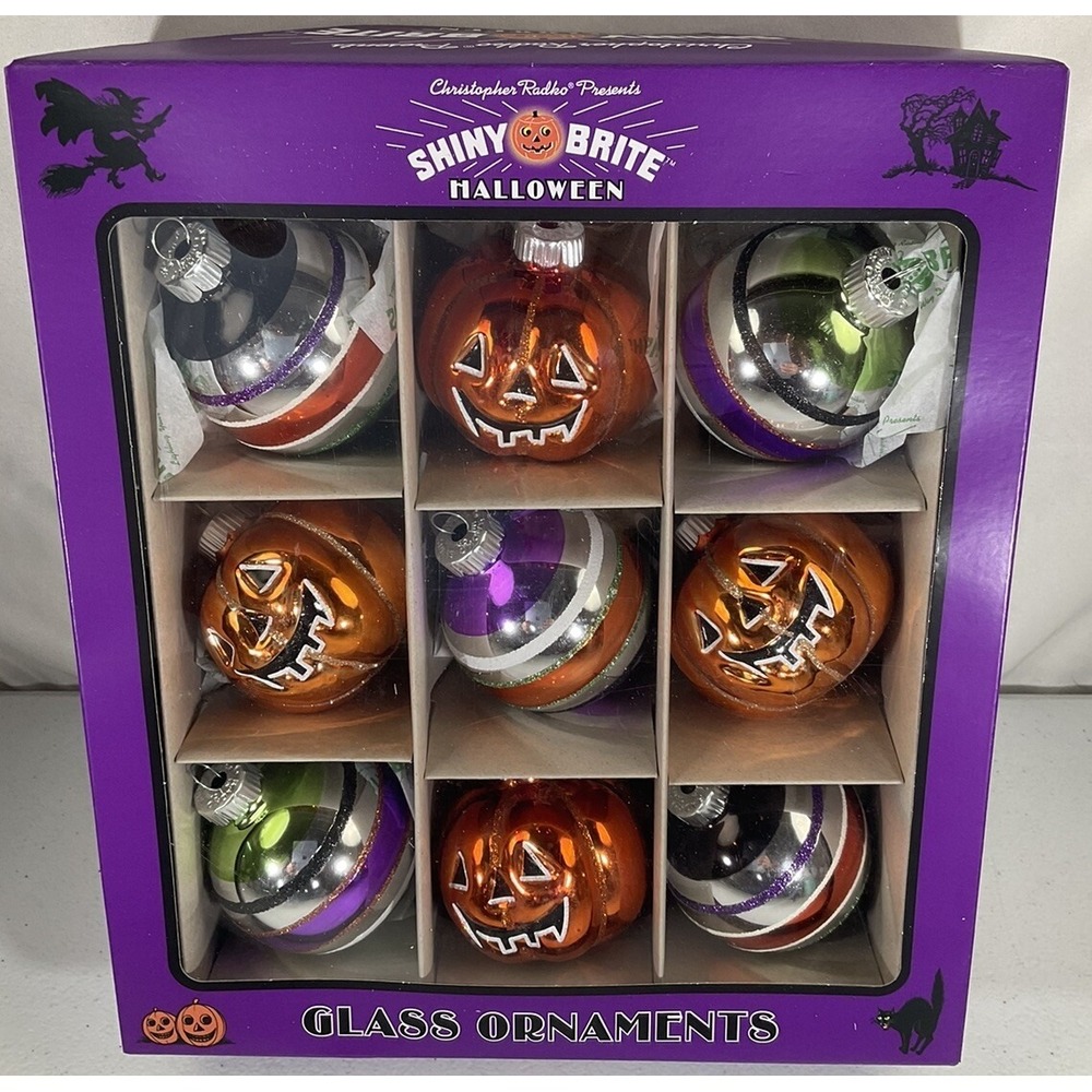 Halloween Christopher Radko Shiny Brite Glass 9 Ornaments Pumpkins Balls